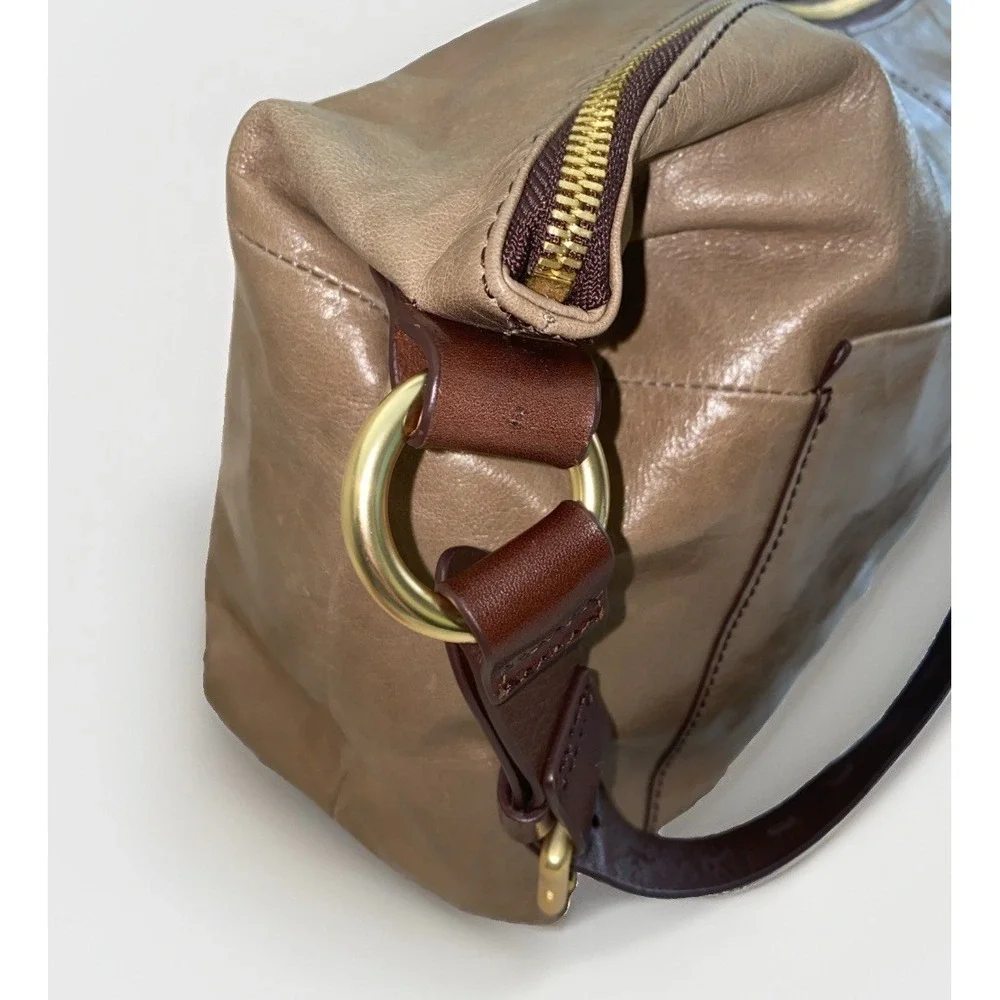 HOBO Leather Crossbody Shoulder Bag Taupe Brown Adjustable Strap Zip Top Charlie